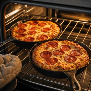 Mini pepperoni skillet pizzas baking in the oven until the cheese bubbles and crust browns.