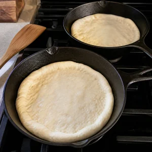 Pizza dough rounds pressed into hot cast-iron skillets as the crust begins to set.