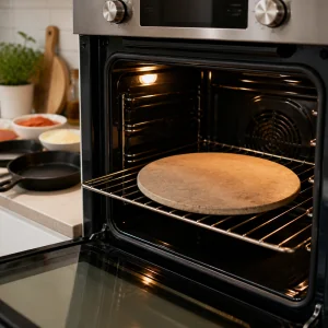 Pizza stone preheating on the middle oven rack for mini skillet pizzas.