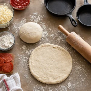 Two small rounds of pizza dough shaped on a lightly floured surface for mini skillet pizzas.