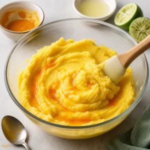 Golden potato mash mixed with ají amarillo, lime juice, and oil