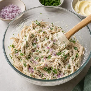 Shredded chicken salad mixed with mayonnaise, red onion, and cilantro