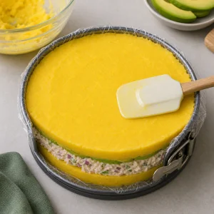 Top potato layer smoothed over the filled causa