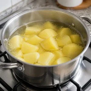 Yellow potato chunks simmering in salted water