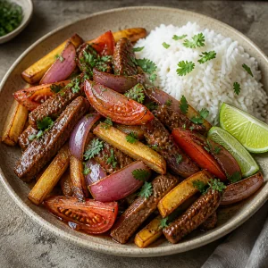 Plated lomo saltado with white rice and lime