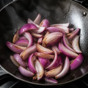 Red onion wedges stir-frying in a skillet