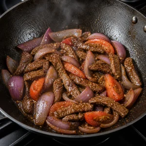 Sauced beef with onions and tomatoes in a wok