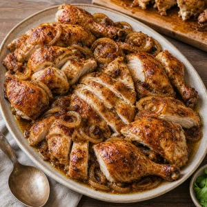 Tranchiertes Brathähnchen mit karamellisierten Zwiebeln und Bratensaft angerichtet