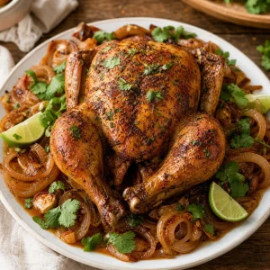 Finished Peruvian style roasted chicken with caramelized sweet onions cilantro and lime