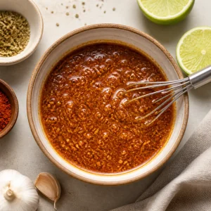 Knoblauch Kreuzkümmel Oregano Paprika Limette und Olivenöl zu einer Gewürzpaste verrührt