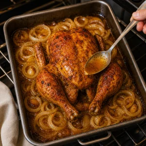 Goldenes Brathähnchen mit Bratensaft übergossen während die Zwiebeln karamellisieren