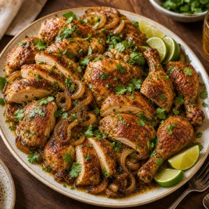 Peruanisches Brathähnchen mit Koriander garniert und mit Limettenspalten serviert