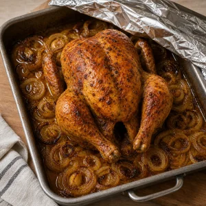 Brathähnchen ruht in der Form mit karamellisierten Zwiebeln und Saft