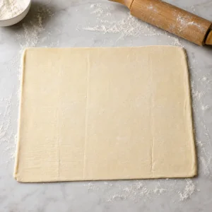 Cold puff pastry rolled into a rectangle on a floured surface