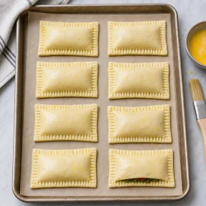 Folded pastry pockets with fork-crimped edges and egg wash nearby