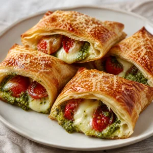 Golden pesto and tomato puff pastry pockets on a plate