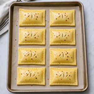 Unbaked pastry pockets brushed with egg wash and cut with small vents