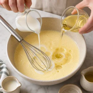 Creamy cheese filling being whisked with egg and olive oil