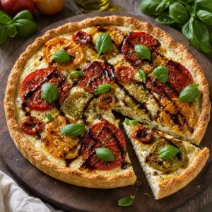 Finished tomato mozzarella tart served with basil and balsamic glaze