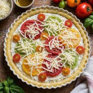 Unbaked tomato mozzarella tart assembled with ricotta filling