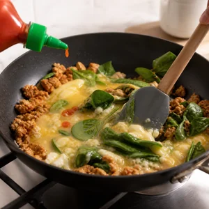 Pikantna jajecznica z indykiem, białkami i sosem Sriracha
