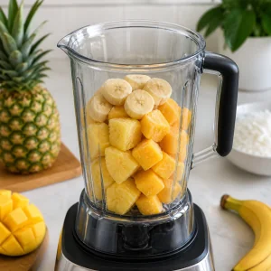 Frozen pineapple mango and banana pieces added to a blender jar