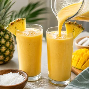 Pineapple mango coconut smoothie poured into tall glasses with pineapple and coconut garnish