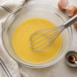 A smooth wet cupcake mixture in a glass bowl.