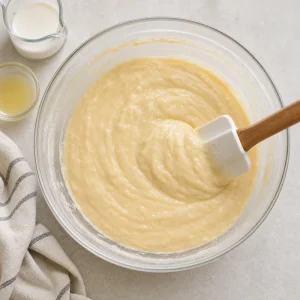 Cupcake batter being folded together with a spatula.