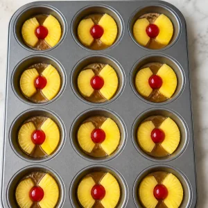 Pineapple pieces and cherries arranged in the muffin pan.