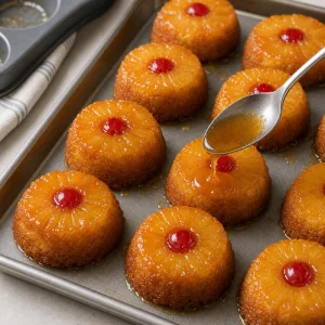 Warm pineapple upside-down cupcakes being spooned with syrup.