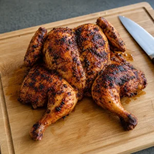Finished piri piri chicken resting on a board