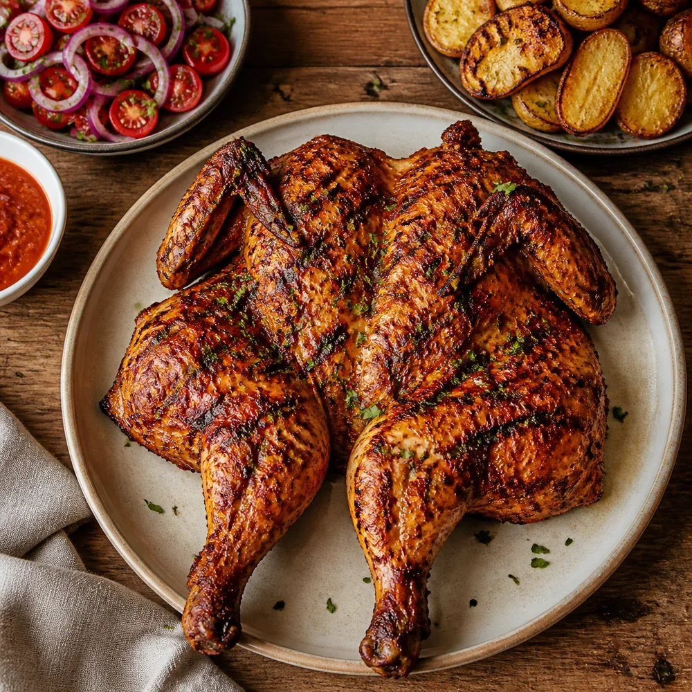 Finished piri piri chicken with sauce and sides