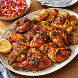 Finished piri piri chicken with roasted potatoes and tomato onion salad