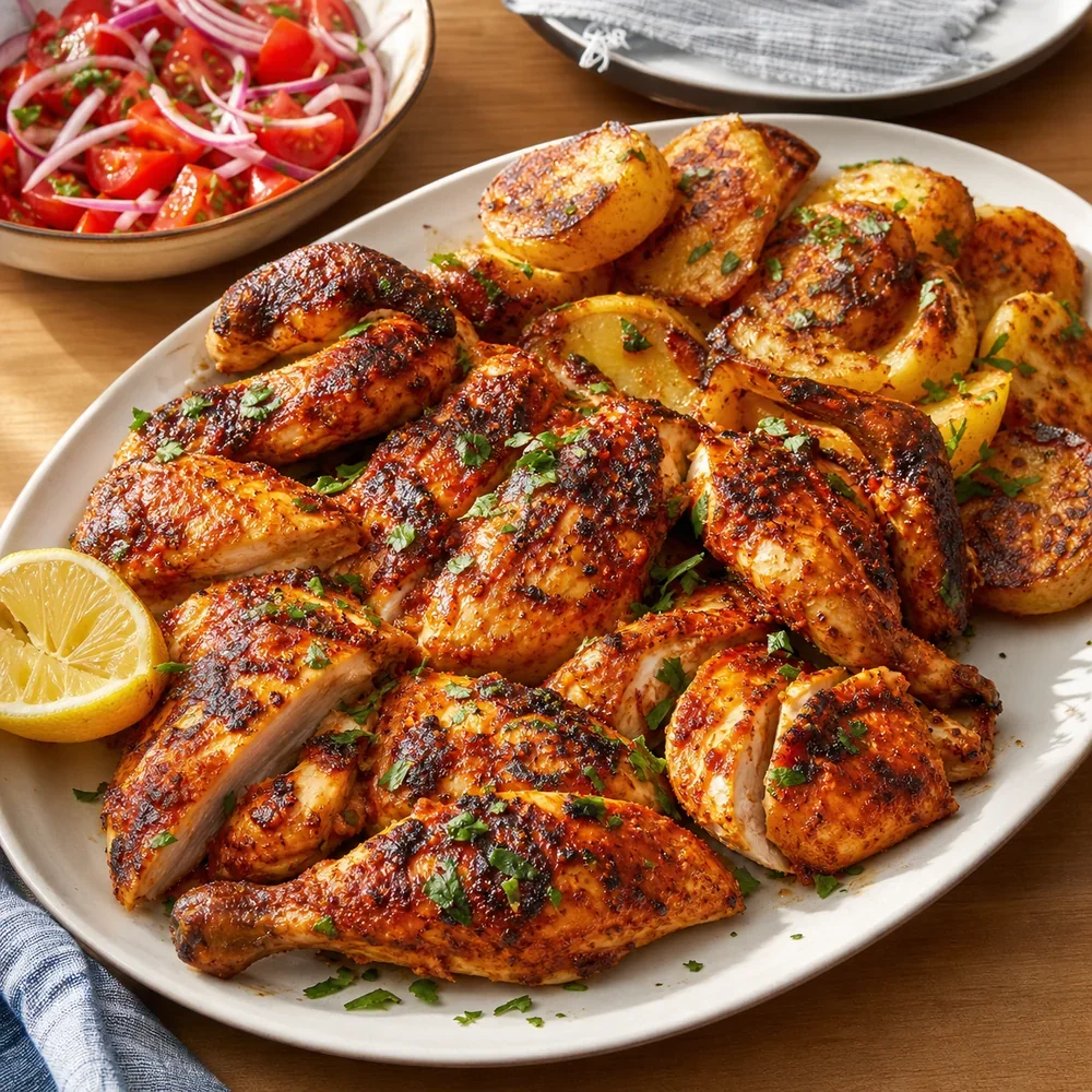 Finished piri piri chicken with roasted potatoes and tomato onion salad