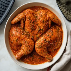 Marinated piri piri chicken resting in a shallow dish