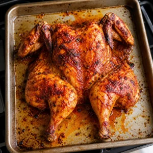 Roasted piri piri chicken on a rimmed baking sheet
