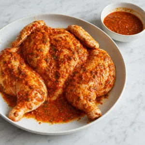 Spatchcocked chicken coated with piri piri marinade in a dish
