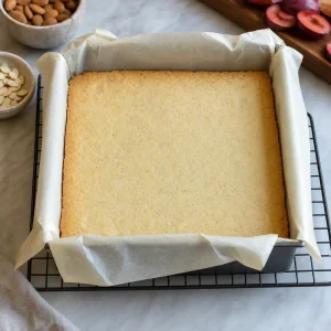 Baked almond crust cooling in the pan