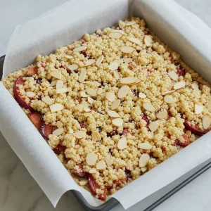 Unbaked plum filling topped with marzipan crumble