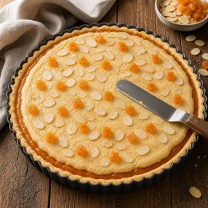 Almond topping smoothed over apricot jam with sliced almonds