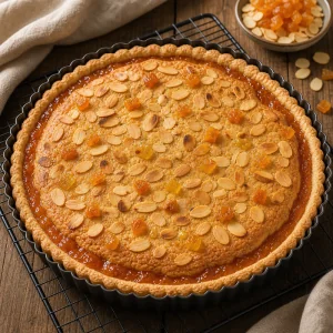 Baked almond apricot tart cooling with toasted almonds