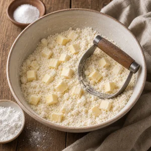 Butter cubes cut into flour mixture for shortbread dough