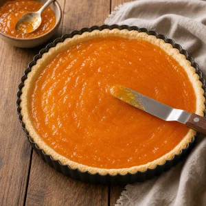 Glossy apricot jam spread over the shortbread tart shell