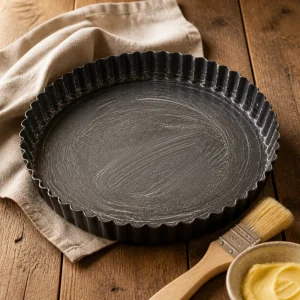 Greased fluted tart pan ready for shortbread dough