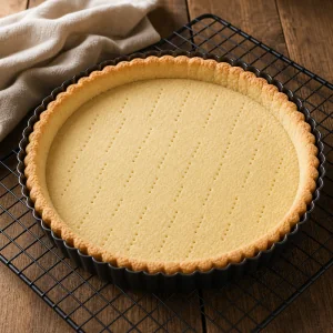 Pale golden shortbread tart shell cooling in the pan