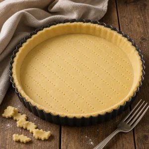 Raw shortbread dough pressed into a fluted tart pan