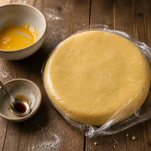 Shortbread dough disc wrapped in plastic after mixing