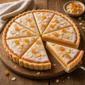 Sliced almond apricot tart with one piece pulled out