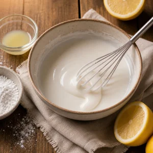 Thick white lemon glaze whisked in a ceramic bowl